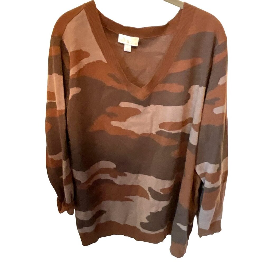 Belle by Kim Gravel 2X Brown Camouflage Oversized Intarsia V-Neck Sweater A52028